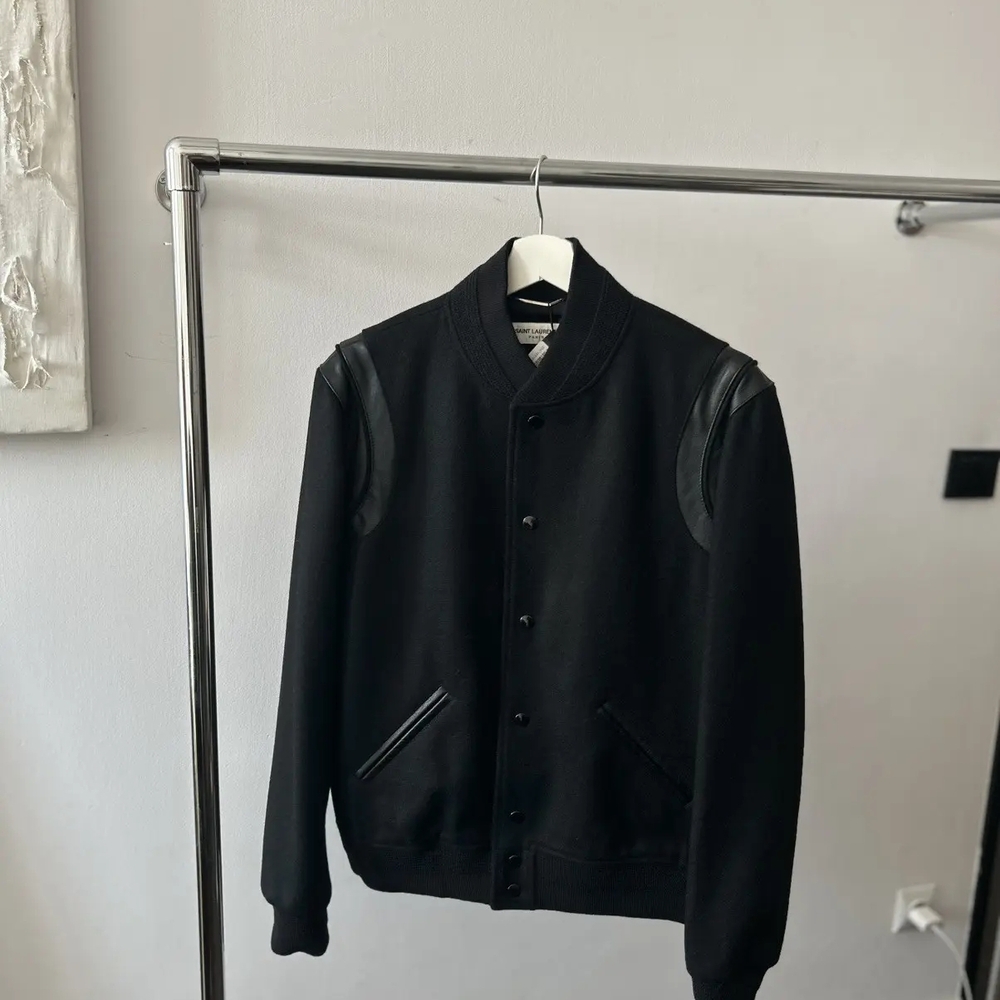 Saint Laurent Teddy Wool Leather Black Varsity Jacket